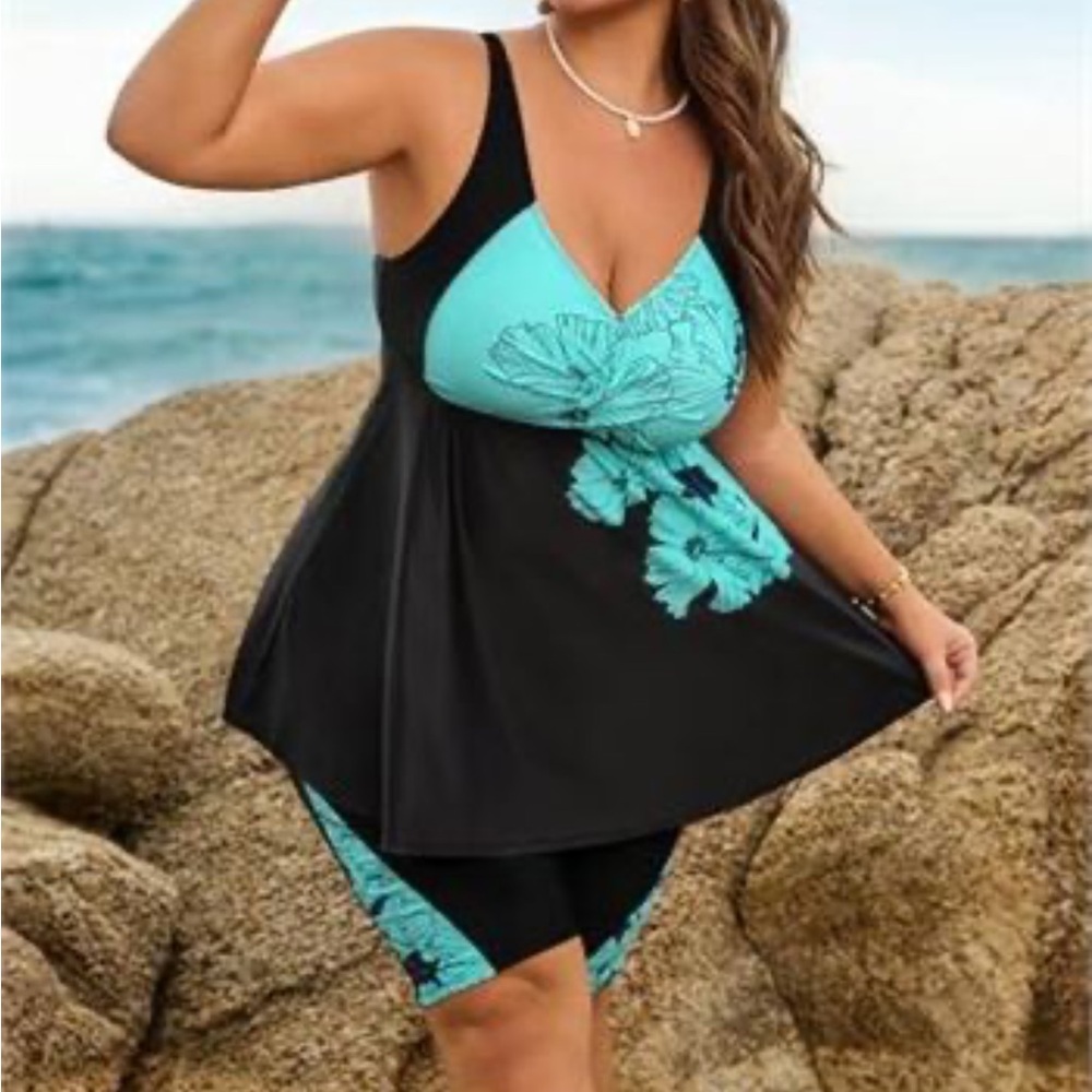 Black & Aqua Floral Swimdress One-Piece - Women Swim